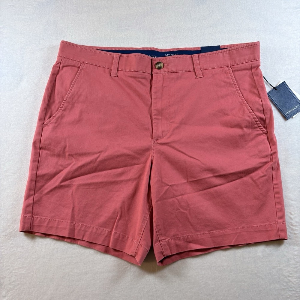 Crown & Ivy Motion Flex Shorts Men's 38 Salmon Pink Inseam 7" Stretch Chino NWT